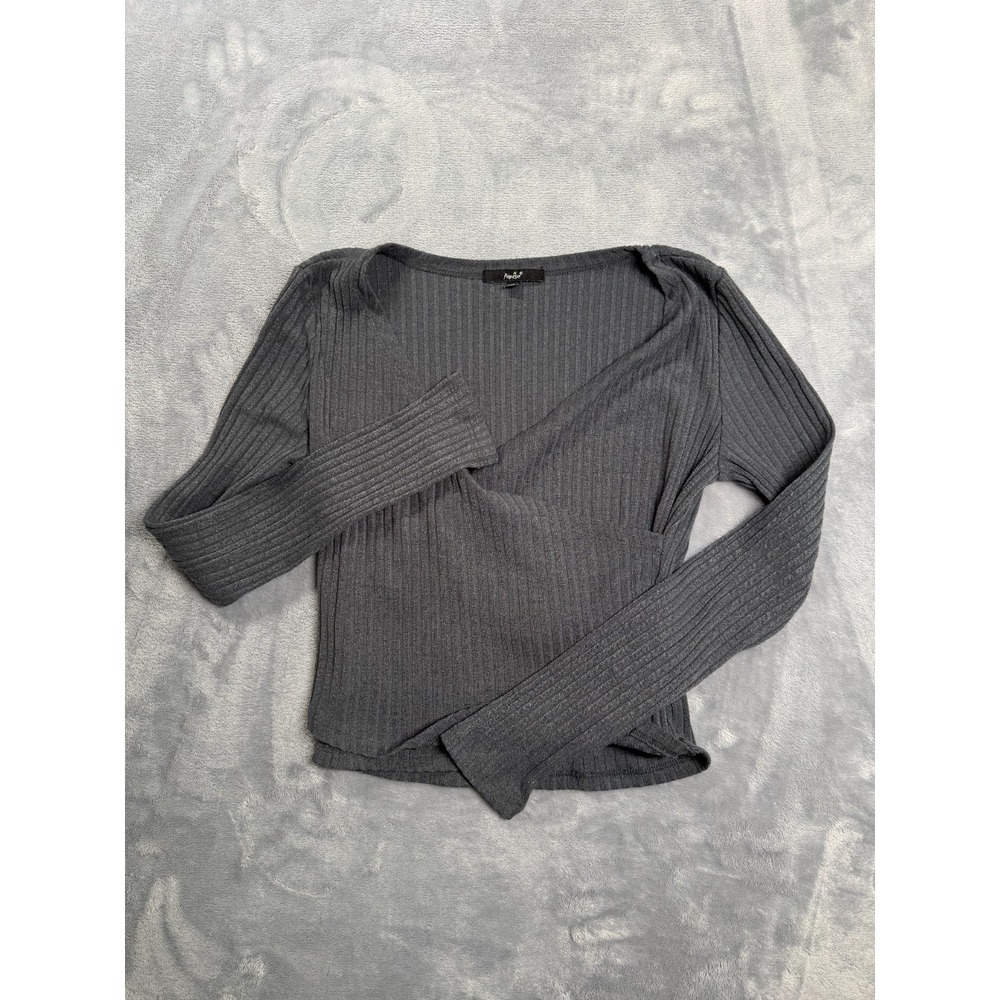 Papaya Wrap Top Womens Small Gray Ribbed Cropped Long Sleeve V Neck Casual